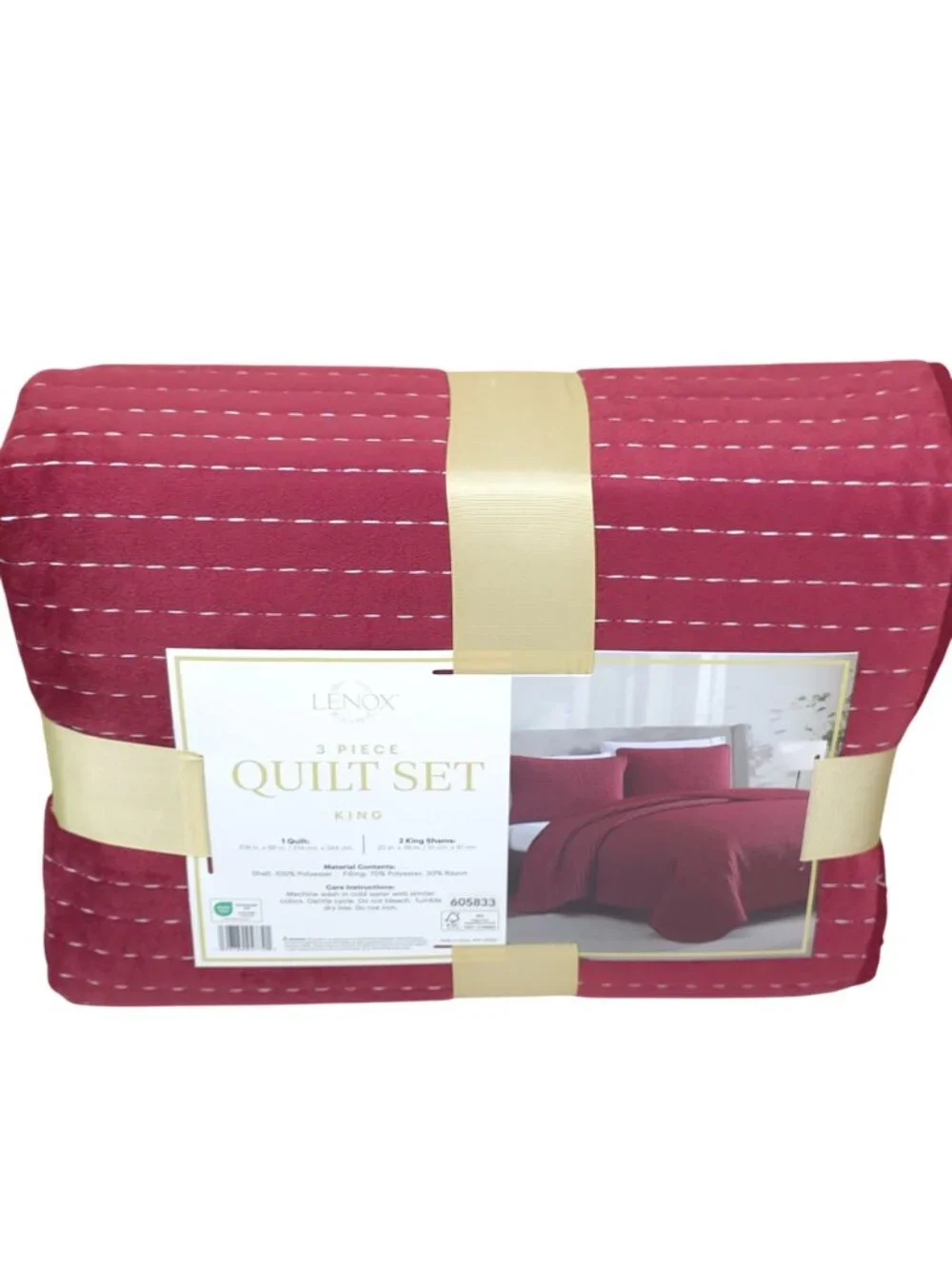 Lenox 3-Piece King Quilt Set Luxurious Feel Easy Care Red Pin Stripes Holiday